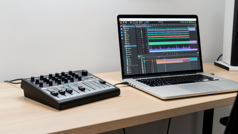 Hardware Mixing Controller neben Laptop mit DAW
